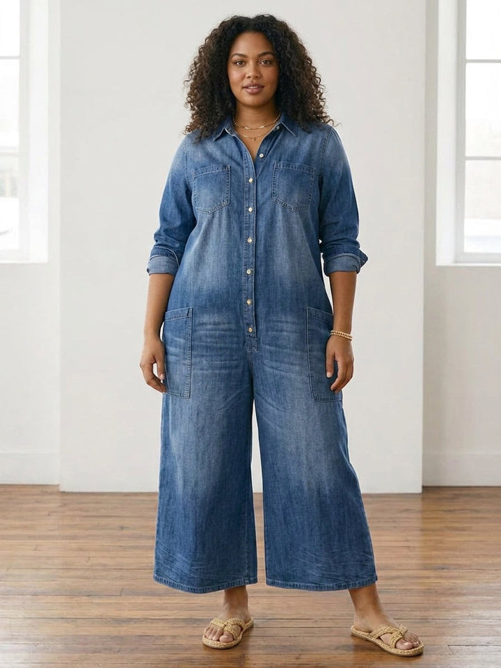 Perle | Vintage Vasket Myk Bomull Denim Jumpsuit med Knapplukking