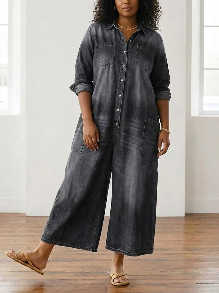 Perle | Vintage Vasket Myk Bomull Denim Jumpsuit med Knapplukking