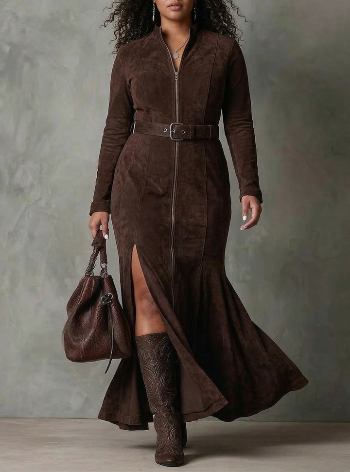 Cosima | Suede Kjole med Belte og Glidelås