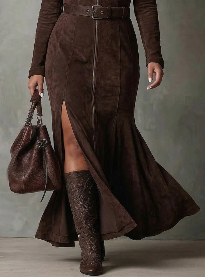 Cosima | Suede Kjole med Belte og Glidelås