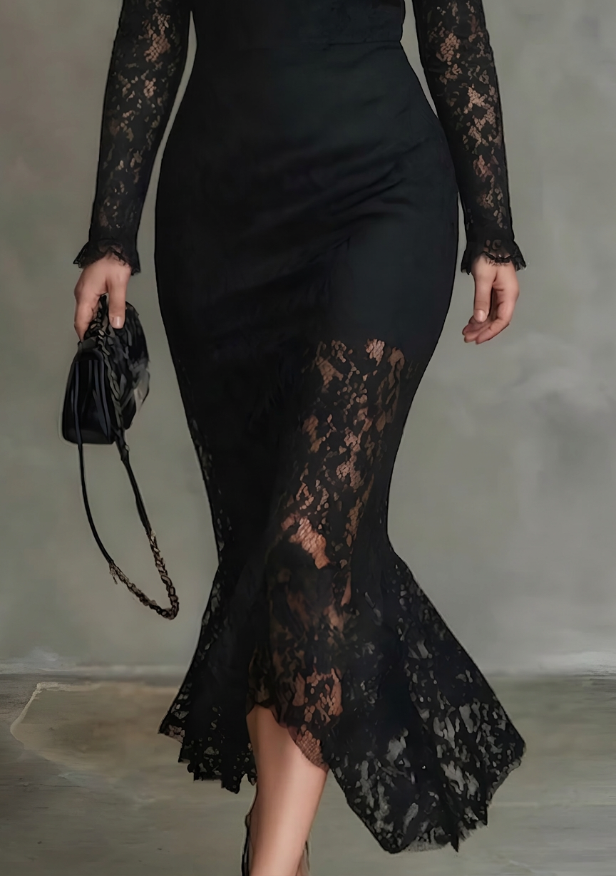 Elegant svart stretchy blonde fishtail maxikjole