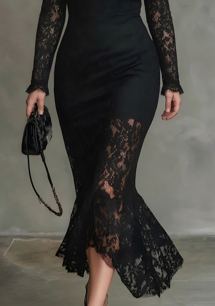 Elegant svart stretchy blonde fishtail maxikjole