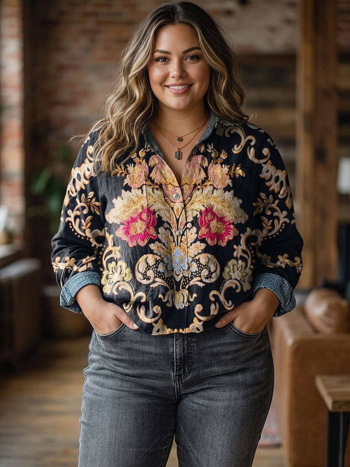 Clover | Vintage Vakker Blomsterkunst Trykk Casual Langermet