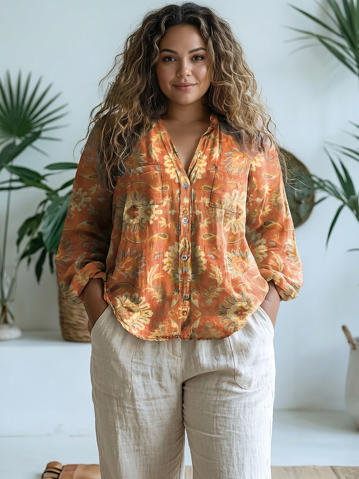 Fauna | Vintage Nydelig Blomsterkunst Trykk Casual Langermet