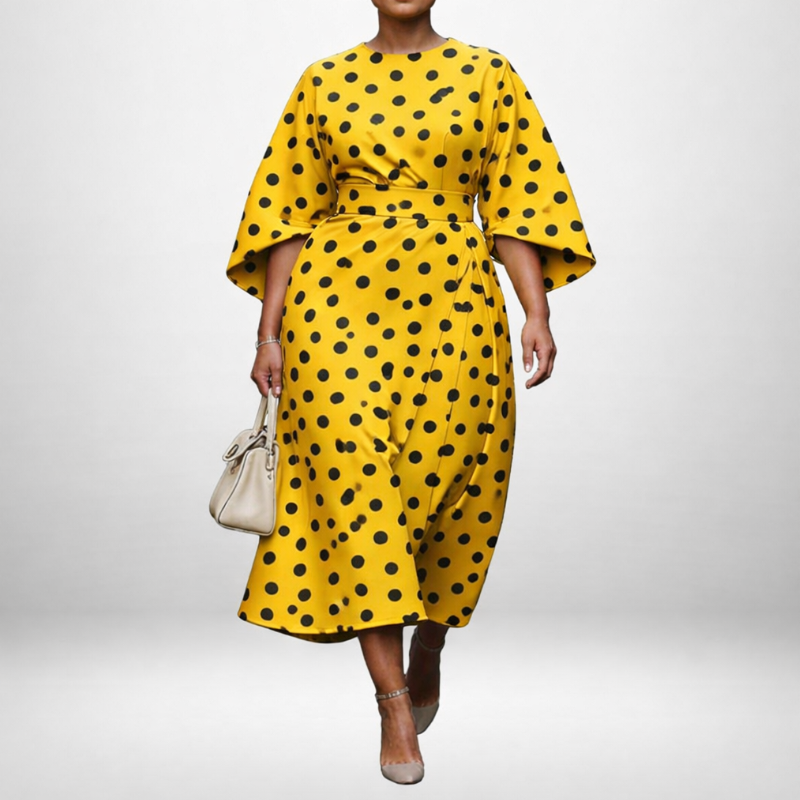 JUNIPER | Polka Dot Midi med Formet Midje og Lekende Eleganse