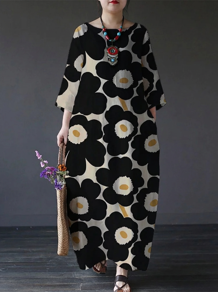 Rosa | Casual Svart Flory Print Løs Rund Hals Middellang Kjole