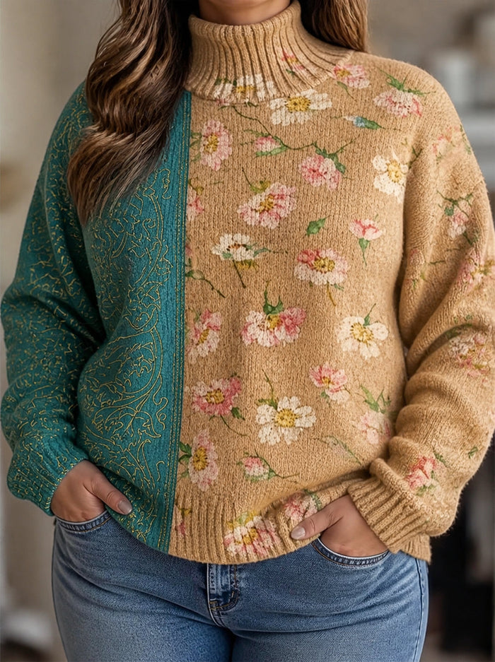 Dame Oversized Turtleneck med Blomstermotiv og Paisleypanel