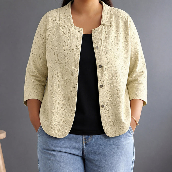 Dame Vevd Blomsterbluse med Spisskrave og Tre Kvart Erme