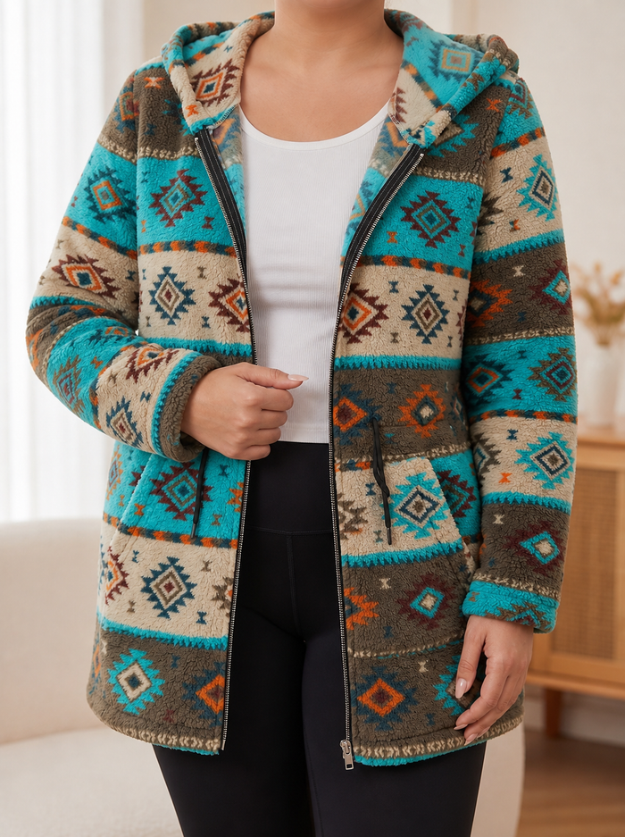 Dame Hettekåpe med Aztec-mønster og Full Glidelås
