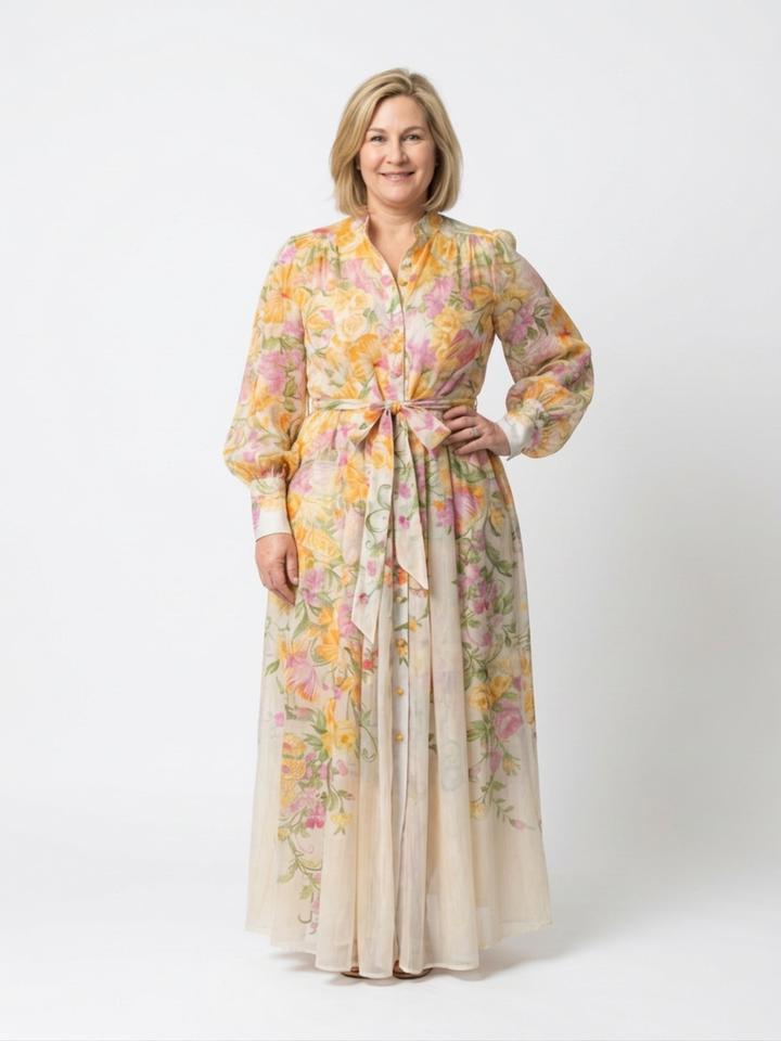 Sunniva | Blomstrete Gjennomsiktig Langermet Maxi Kjole