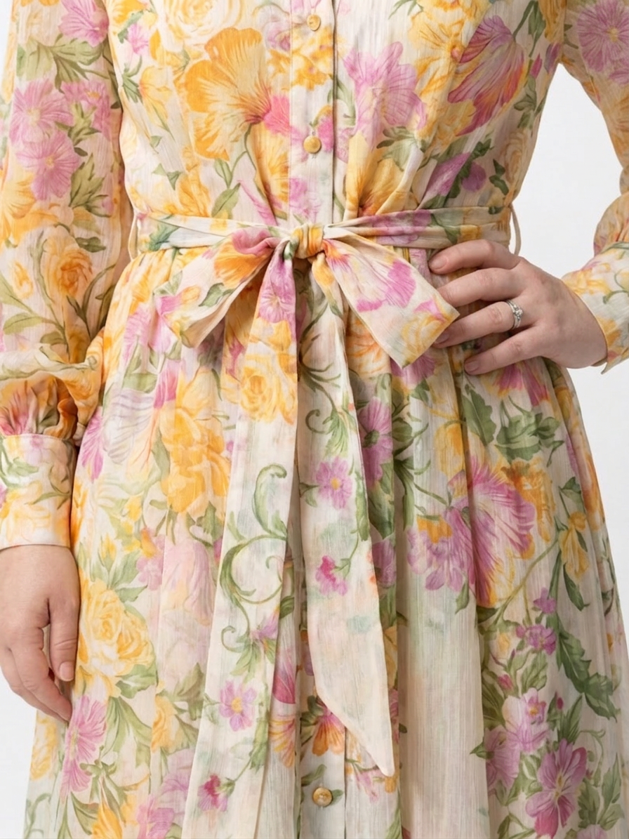 Sunniva | Blomstrete Gjennomsiktig Langermet Maxi Kjole