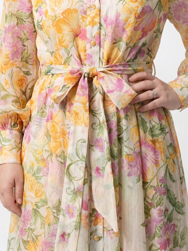Sunniva | Blomstrete Gjennomsiktig Langermet Maxi Kjole