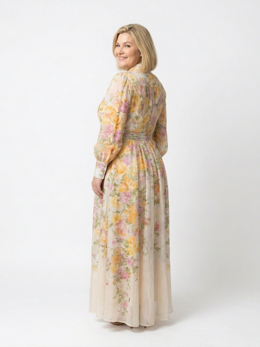 Sunniva | Blomstrete Gjennomsiktig Langermet Maxi Kjole