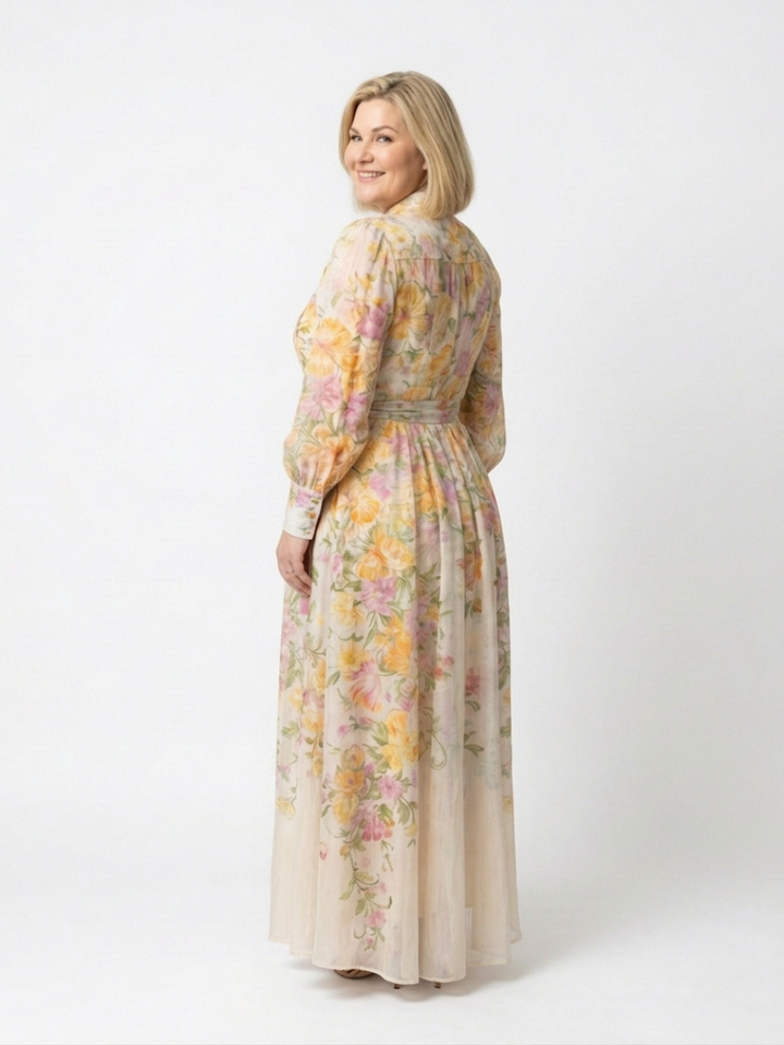 Sunniva | Blomstrete Gjennomsiktig Langermet Maxi Kjole