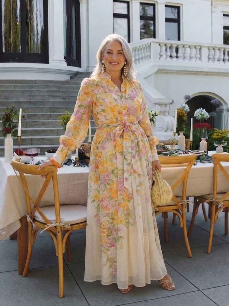 Sunniva | Blomstrete Gjennomsiktig Langermet Maxi Kjole