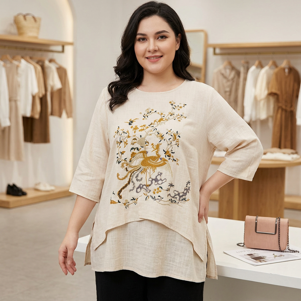 Anwen - Ren Bomull Brodert Komfortabel Topp